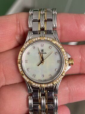 CYMA Charisma 18K Gold Ladies Watch Factory Mother of Pearl Diamond Dial Bezel